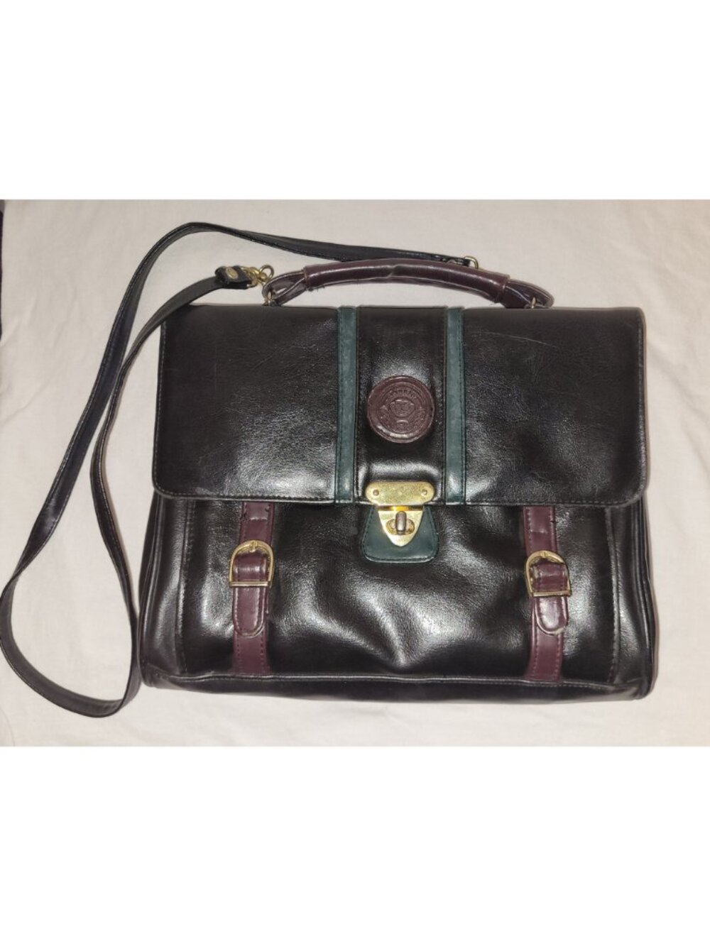 Vintage Leather Satchel Briefcase Black Brown & Green Crossbody Messenger Bag